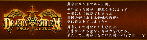 ドラゴンエンブレム:舞台はリンドブルム王国。平和だった国が、邪悪な竜によって一夜にして滅びてしまった。王国の姫である三姉妹の両親も竜に殺されてしまった…。勇者として選ばれたあなたは、王家に伝わる聖なる竜の力を授かる。果たして王国存亡をかけた闘いの行方は？